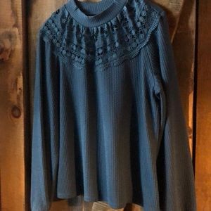 Teal RW & Co Textured Lace Insert Blouse
